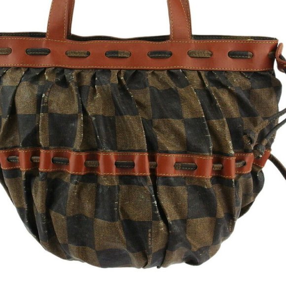 Authentic FENDI tote bag block check beige PVC �~ leather used Auth - Picture 2 of 9